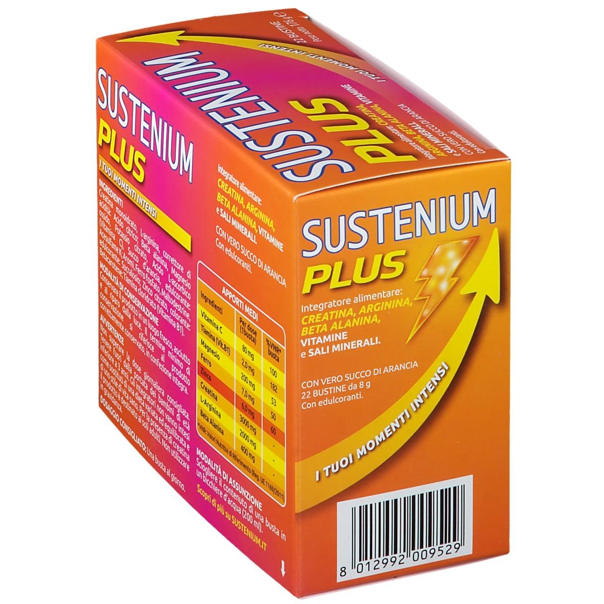 Confezione di Sustenium Plus. Retro con ingredienti e istruzioni per l'uso. Arancione.
