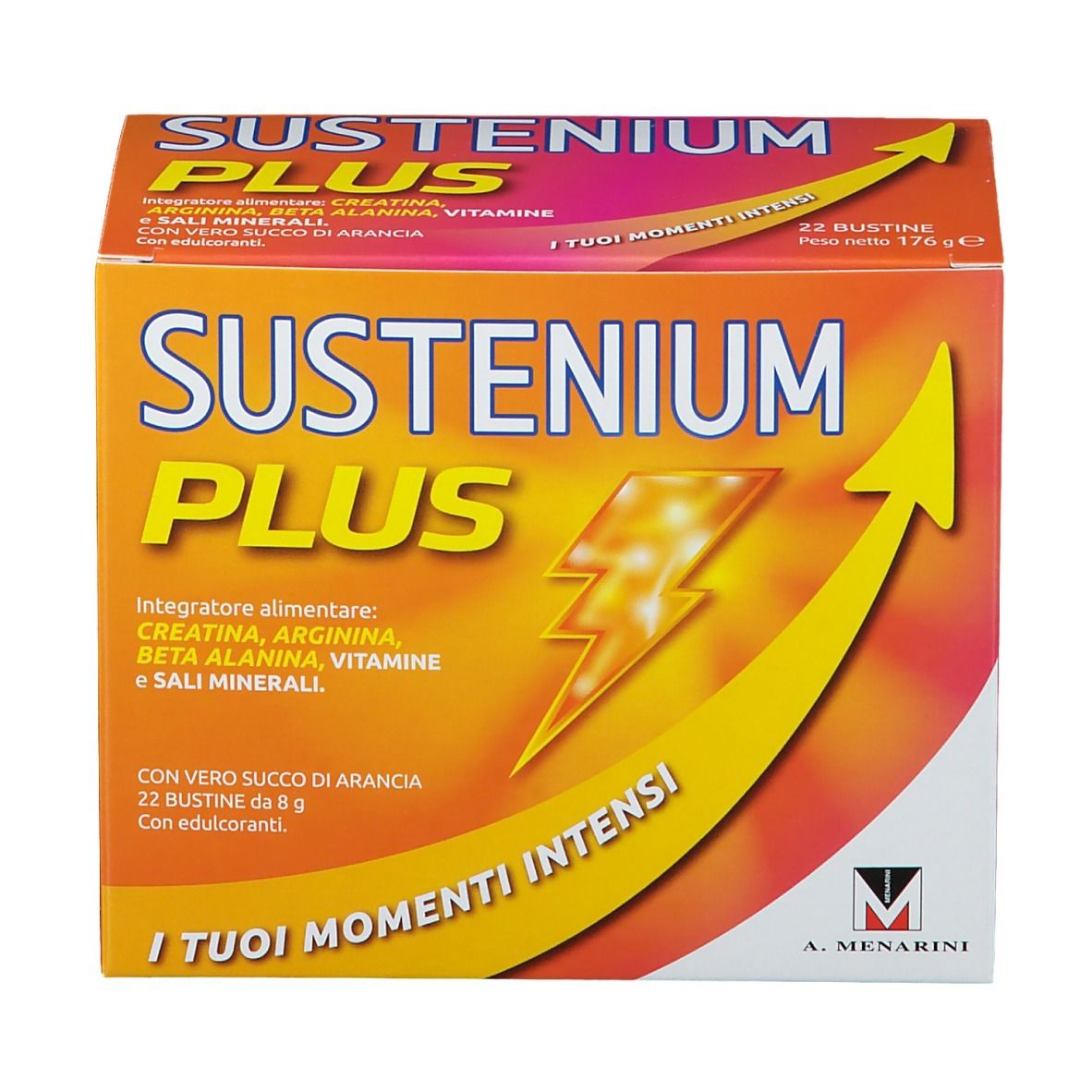 Confezione di Sustenium Plus. Scatola arancione con nome e ingredienti. 22 bustine.