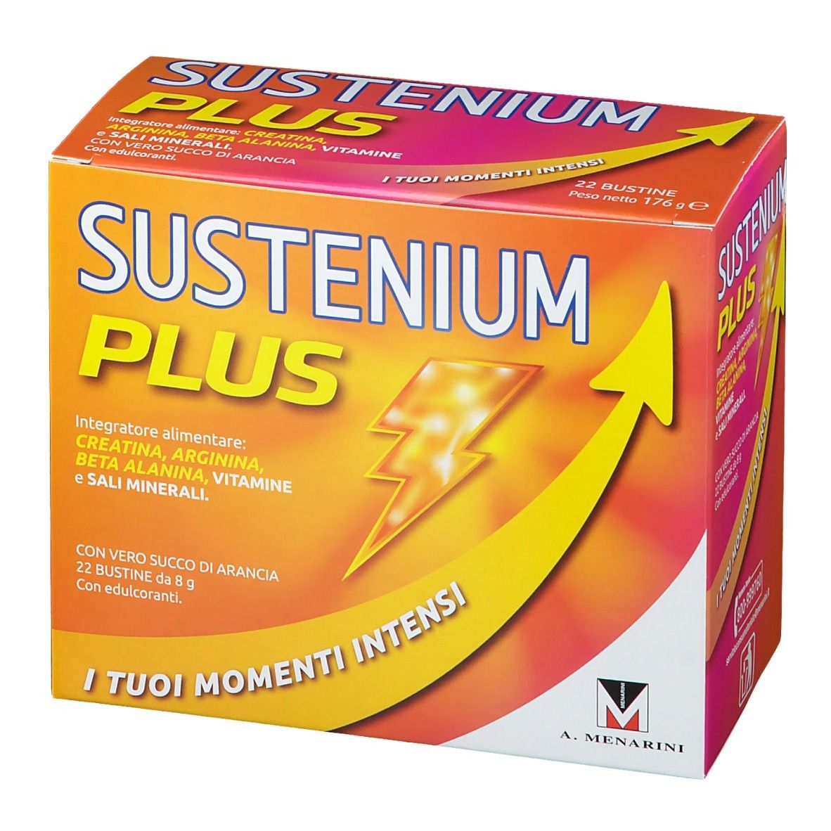 Confezione di Sustenium Plus. Scatola arancione con nome e ingredienti. 22 bustine.