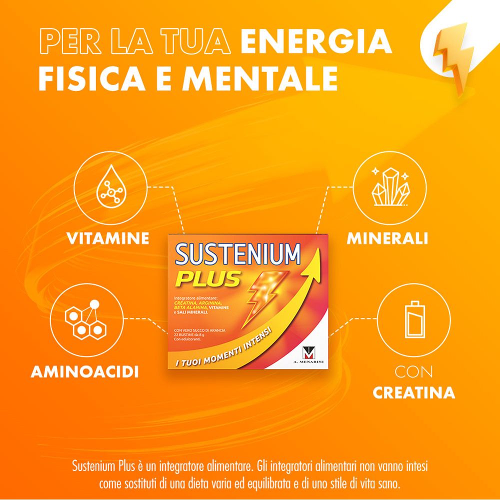 Grafica con Sustenium Plus. Vitamine, minerali, aminoacidi e creatina. Sfondo arancione.