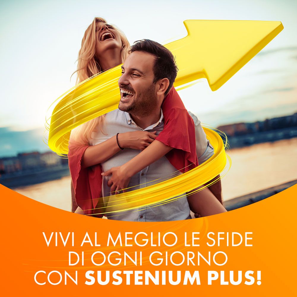 Uomo e donna ridono. Freccia gialla. Testo: Vivi al meglio le sfide di ogni giorno con Sustenium Plus!