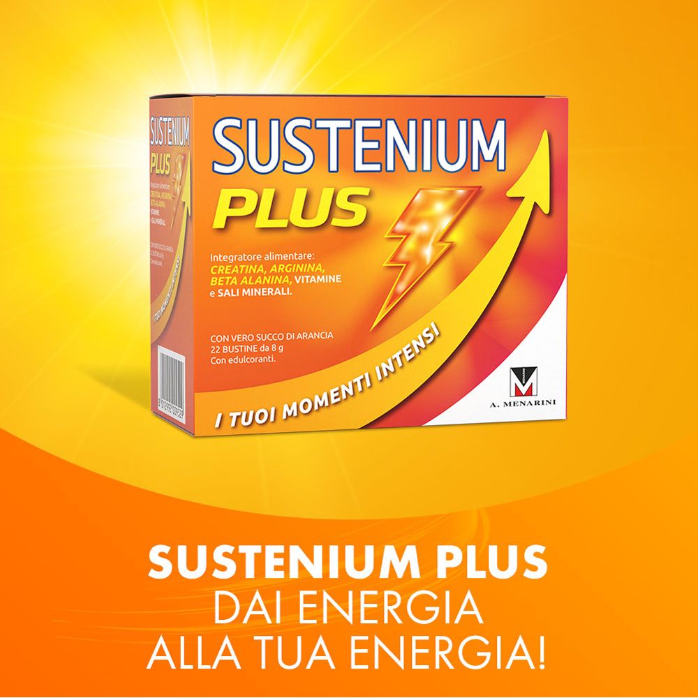 Prodotto Sustenium Plus. Sfondo arancione. Testo: Sustenium Plus dai energia alla tua energia!