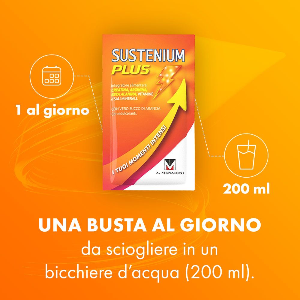 Prodotto Sustenium Plus. 1 bustina al giorno da sciogliere in 200 ml di acqua. Sfondo arancione.