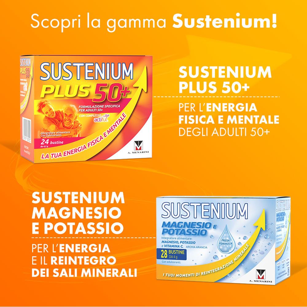 Sustenium Plus 50+ e Magnesio & Potassio. Confezioni. Sfondo arancione.
