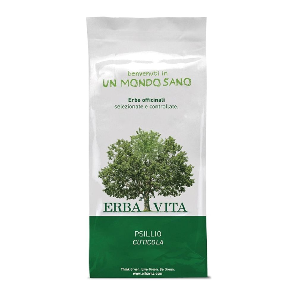 Busta con fascia verde. Testo: ERBA VITA, PSILIO CUTICOLA. Illustrazione albero. Testo: Benvenuti in un mondo sano.