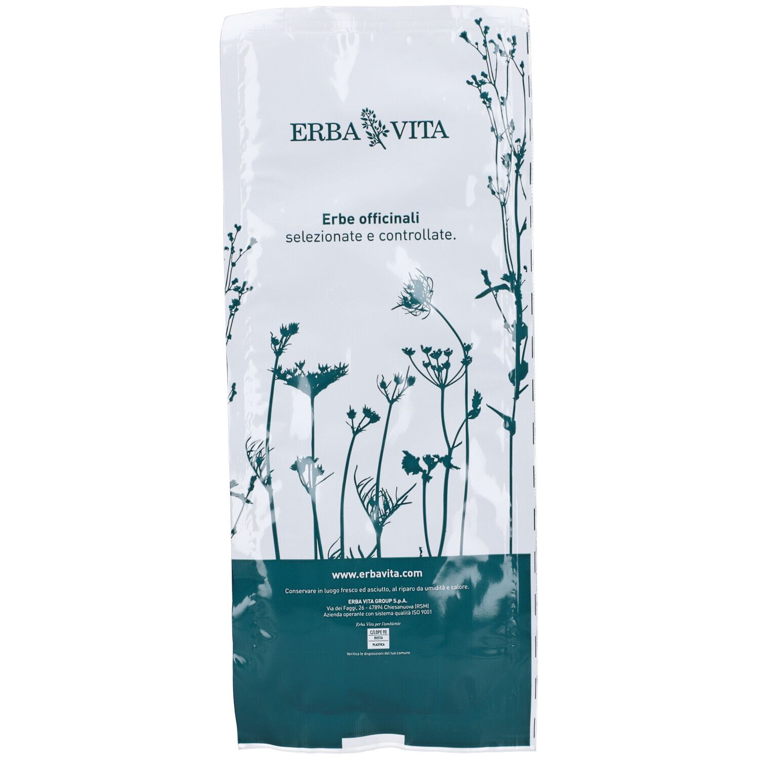 Busta con motivo floreale. Testo: ERBA VITA. Testo: Erbe officinali selezionate e controllate. Indirizzo sito web.