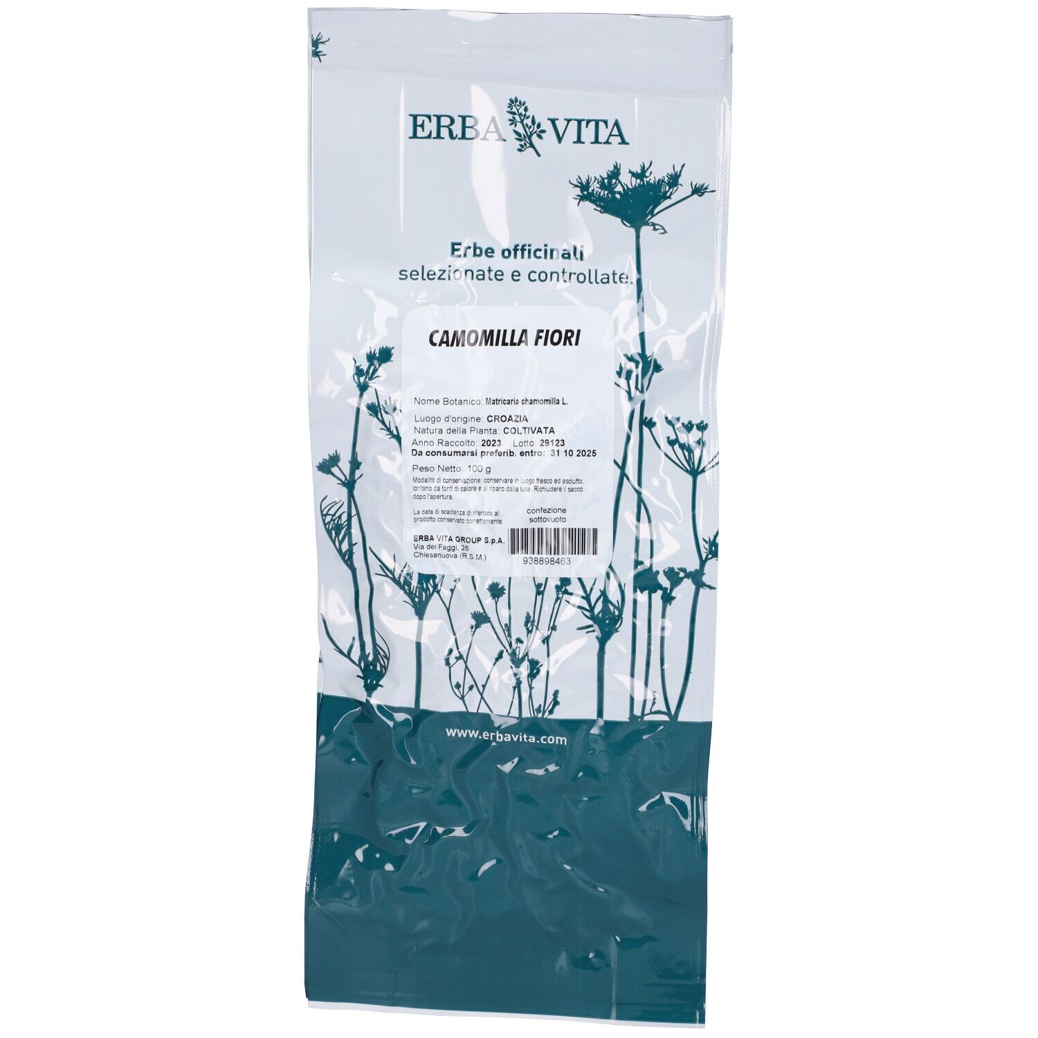Confezione trasparente con erbe. Testo: Camomilla Fiori, Erbe officinali, Erba Vita. Etichetta informativa.