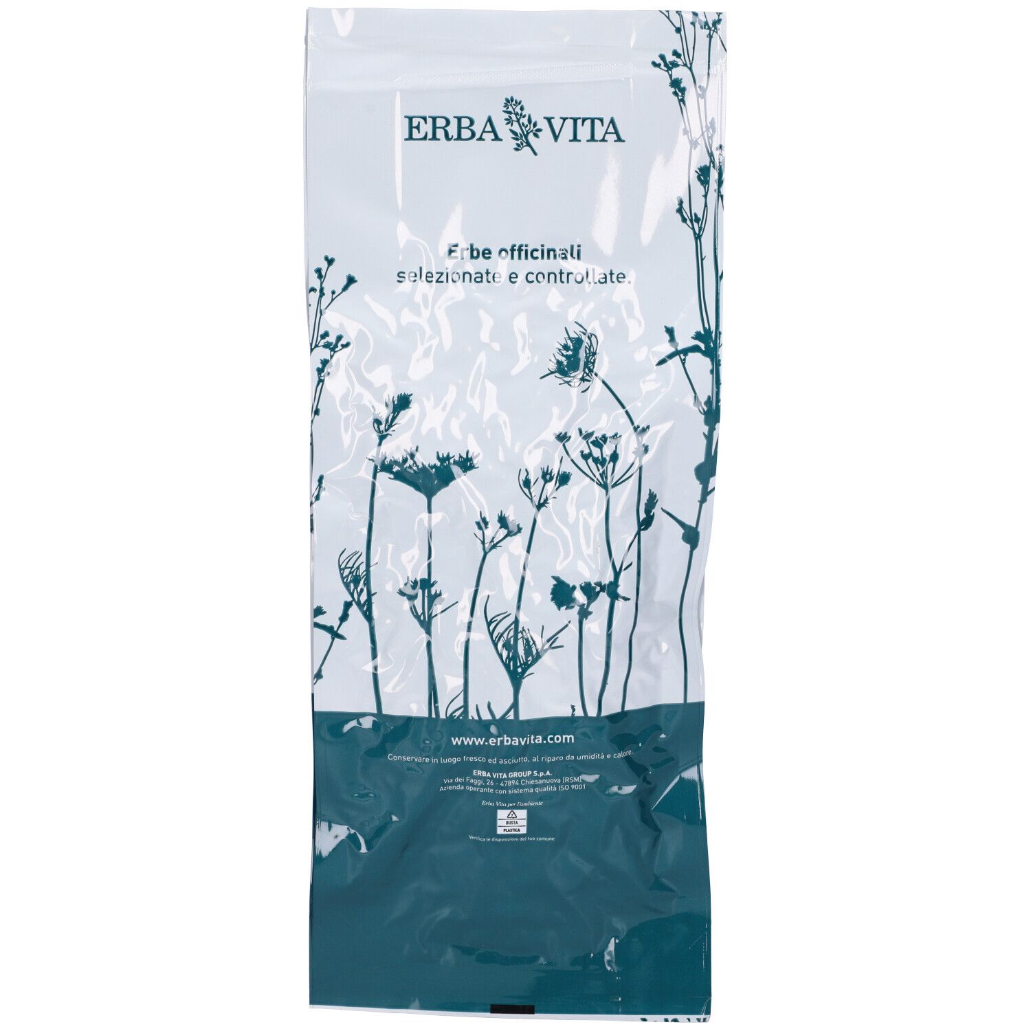 Confezione trasparente con erbe. Testo: Erba Vita, Erbe officinali selezionate e controllate. Indirizzo sito web.