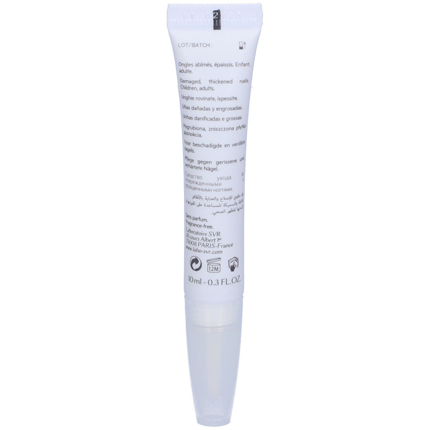 Retro del tubo SVR XÉRIAL 40 Gel unghie. Testo multilingue. Contiene informazioni sull'uso.