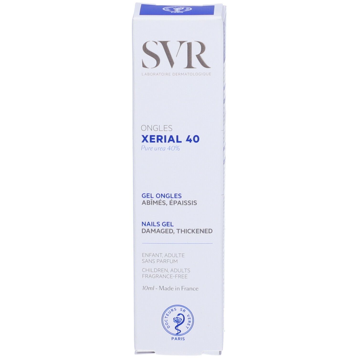 Confezione SVR XÉRIAL 40 Gel unghie. Scatola bianca con testo blu. Per unghie danneggiate, ispessite.