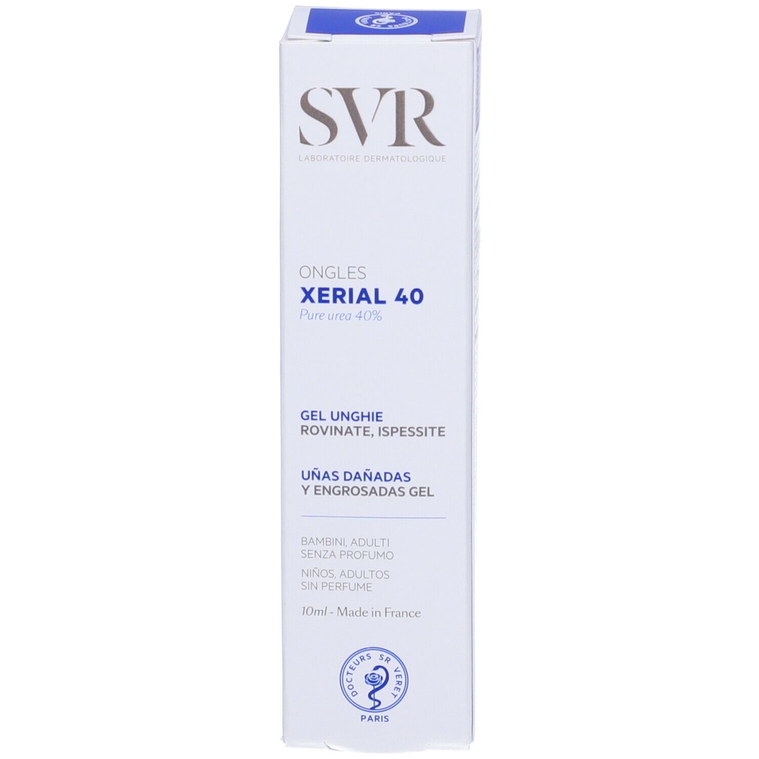 Confezione SVR XÉRIAL 40 Gel unghie. Scatola bianca con testo blu. Per unghie danneggiate, ispessite.