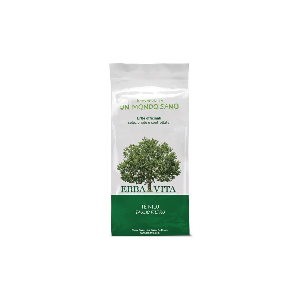 Busta con fascia verde e testo. Scritta: Erba Vita, Té Nilo, Tilo Filtro. Illustrazione di un albero. Testo: Un mondo sano.