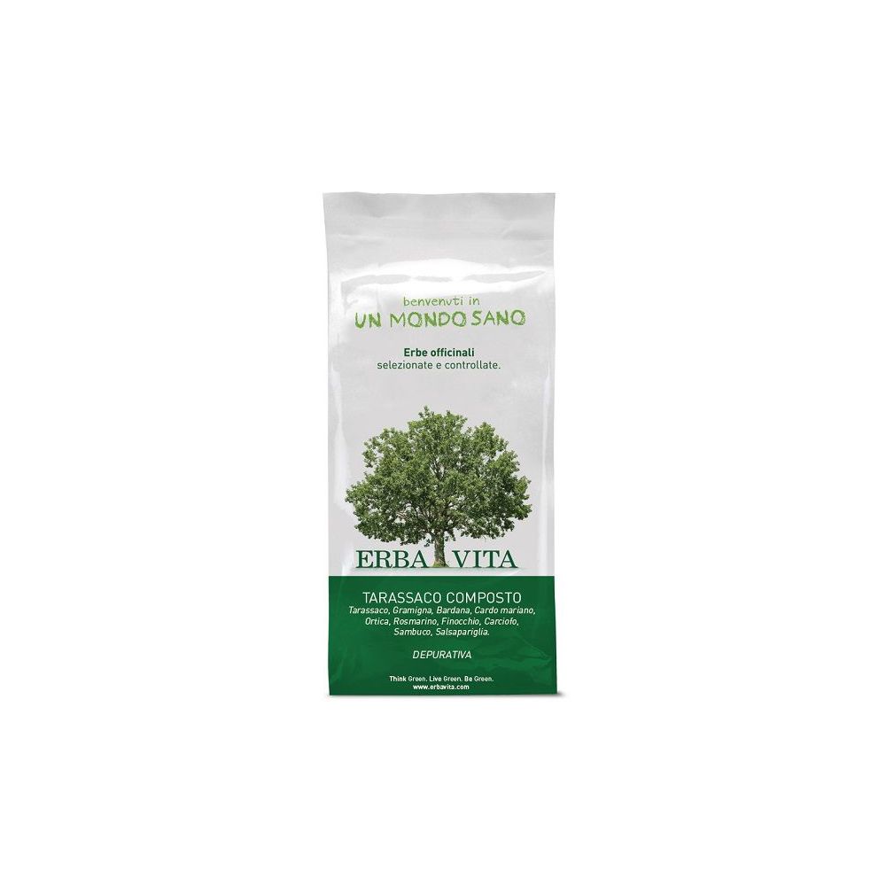 Busta con etichetta verde. Testo: ERBA VITA, TARASSACO COMPOSTO, erbe. Immagine di un albero.