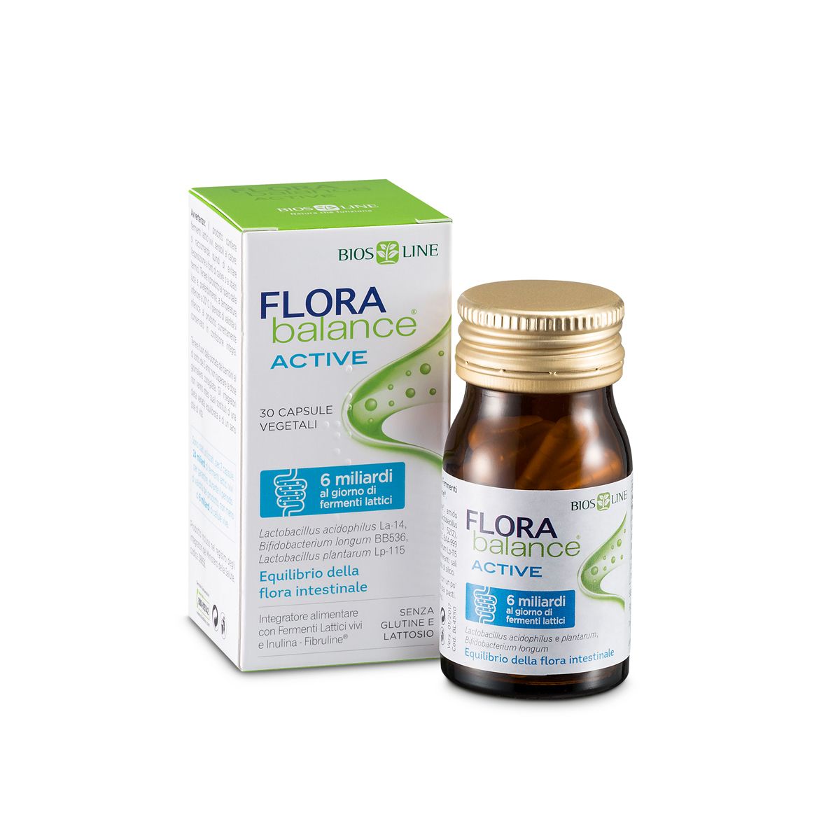 Bios Line Florabalance Active. Braune Glasflasche mit goldfarbenem Deckel und Karton. Aufschrift: 6 Milliarden Bakterien.
