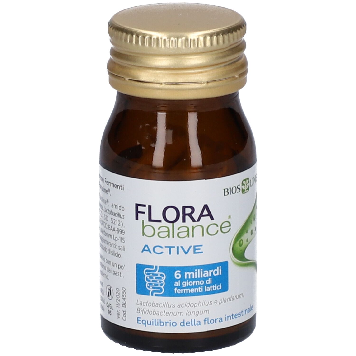 Braune Glasflasche mit goldfarbenem Deckel. Aufschrift: Florabalance Active, 6 Milliarden Bakterien. Bios Line.