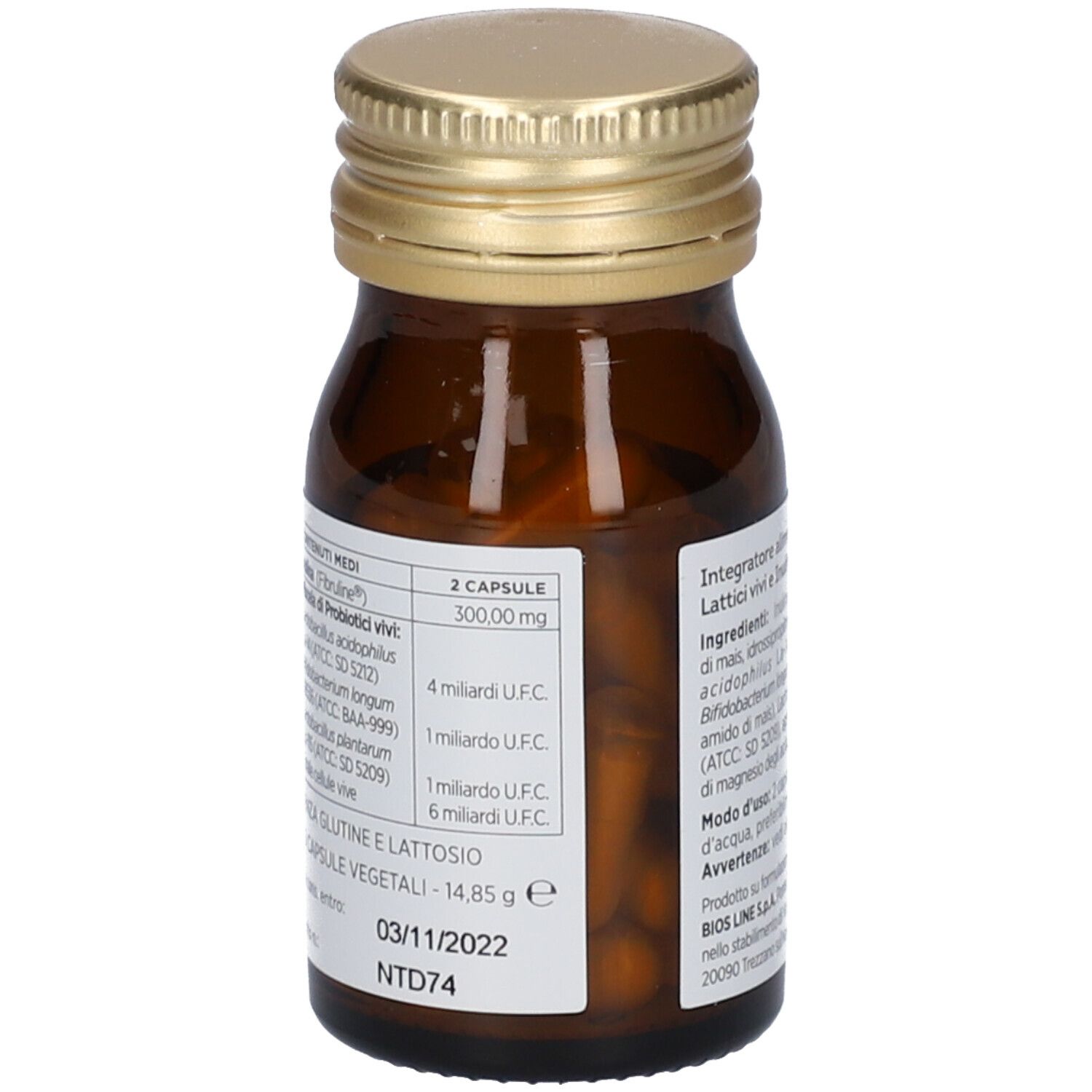 Braune Glasflasche mit goldfarbenem Deckel. Aufschrift: Florabalance Active, Inhaltsstoffe, 2 Kapseln. Bios Line.
