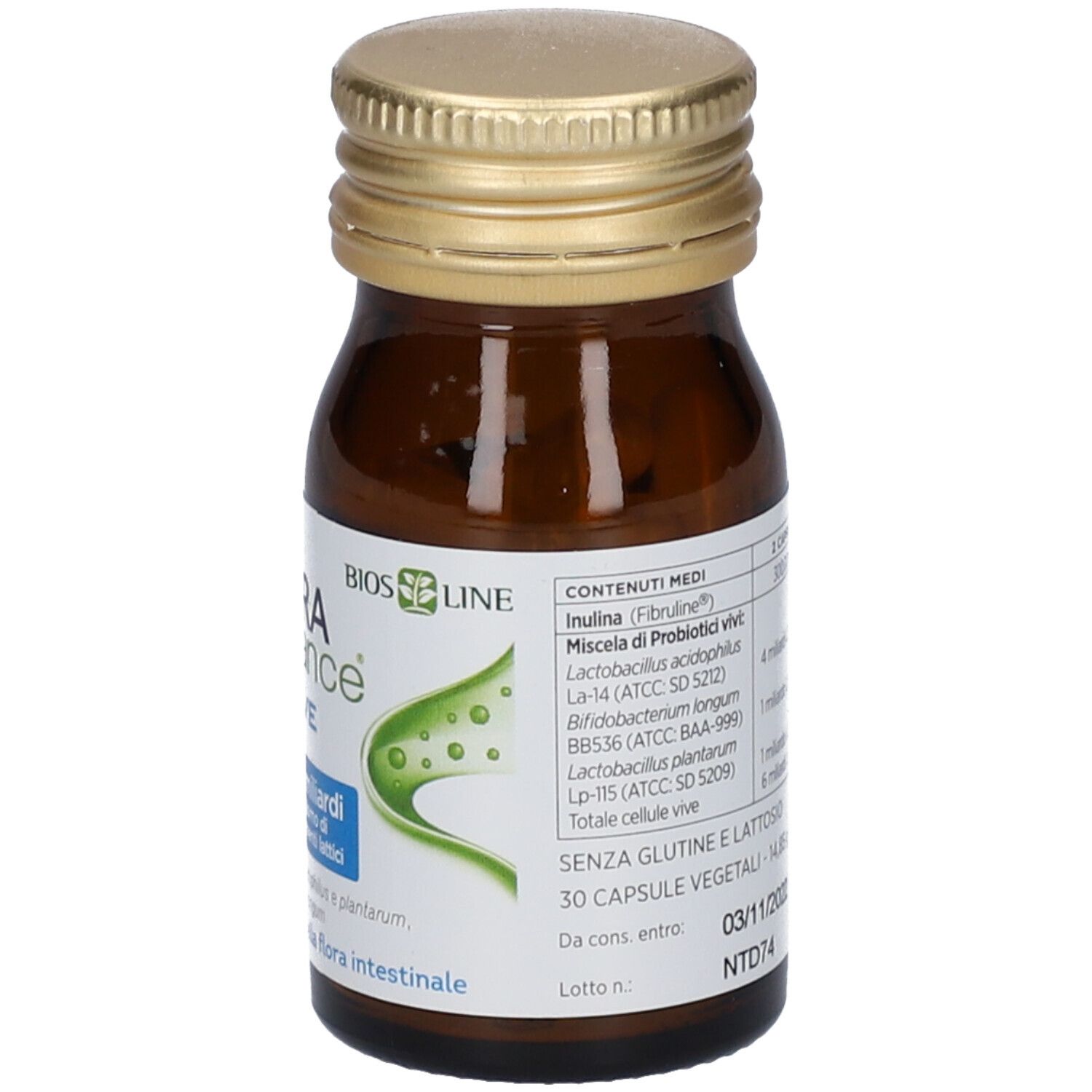 Braune Glasflasche mit goldfarbenem Deckel. Aufschrift: Florabalance Active, 30 Kapseln. Bios Line.