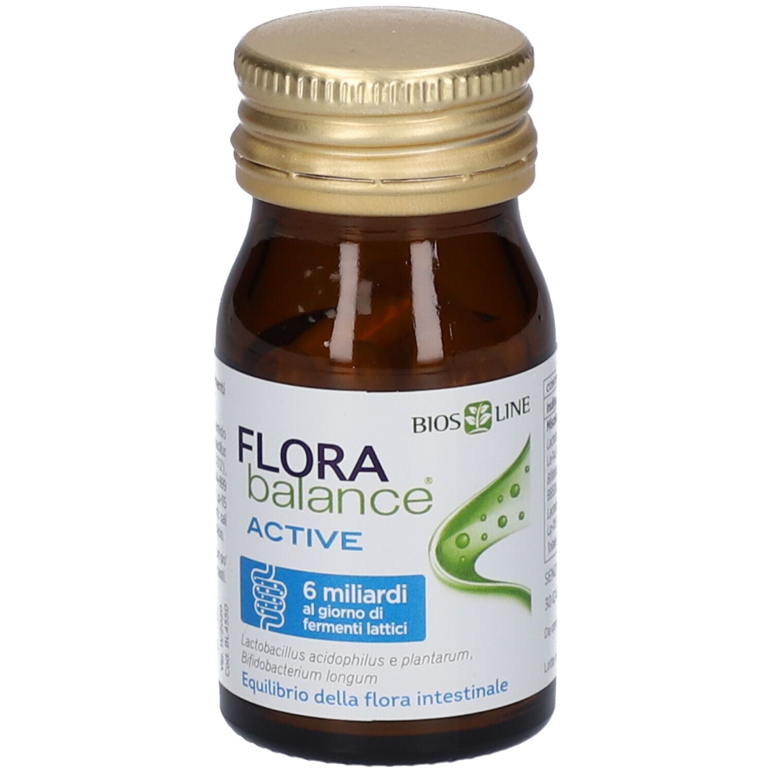 Braune Glasflasche mit goldfarbenem Deckel. Aufschrift: Florabalance Active, 6 Milliarden Bakterien. Bios Line.