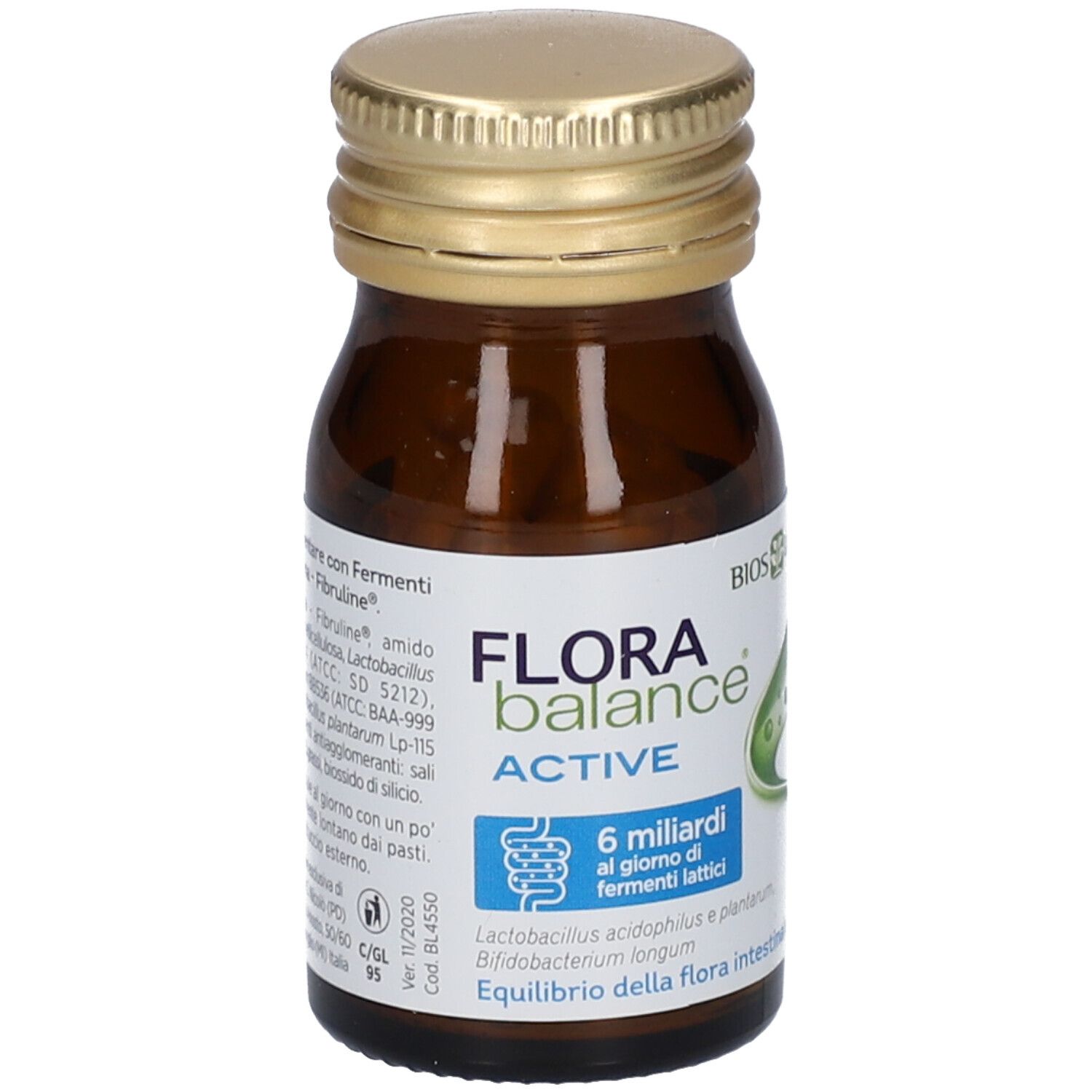 Braune Glasflasche mit goldfarbenem Deckel. Aufschrift: Florabalance Active, 6 Milliarden Bakterien. Bios Line.