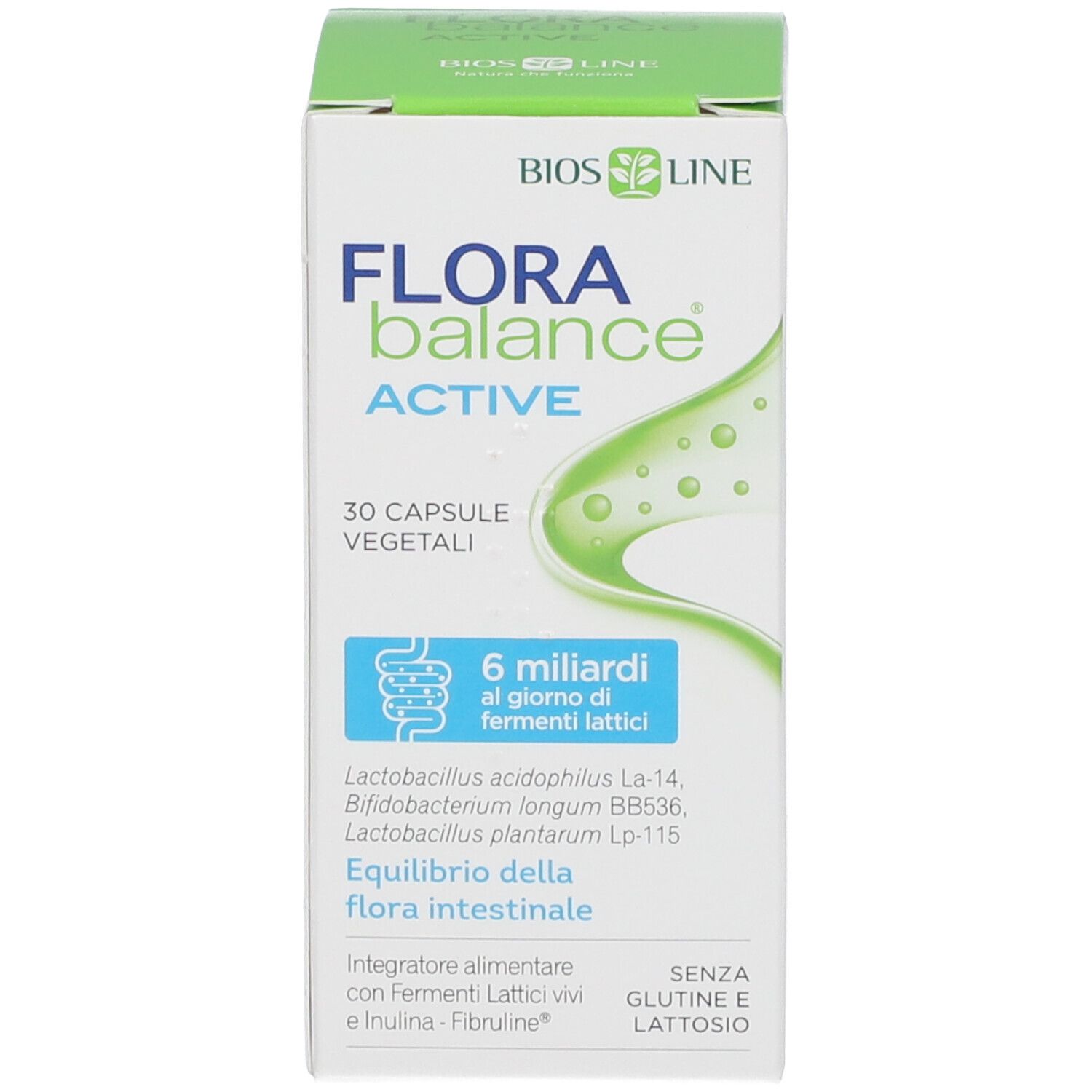 Karton mit Aufschrift: Bios Line Florabalance Active, 30 Kapseln, 6 Milliarden Bakterien.