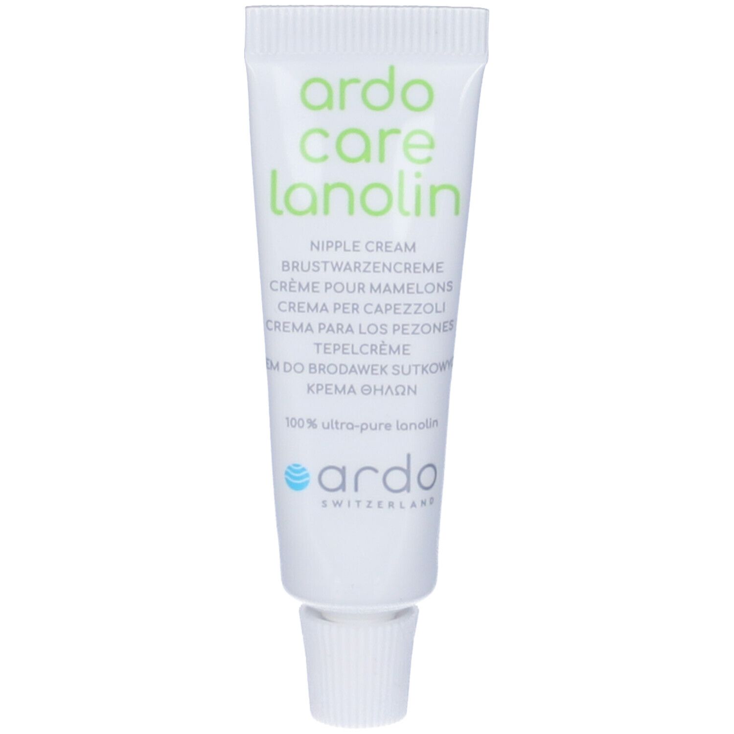 Tubo bianco con scritte verdi: Ardo Care Lanolin, Crema per capezzoli. Logo: Ardo Switzerland. Tappo bianco.