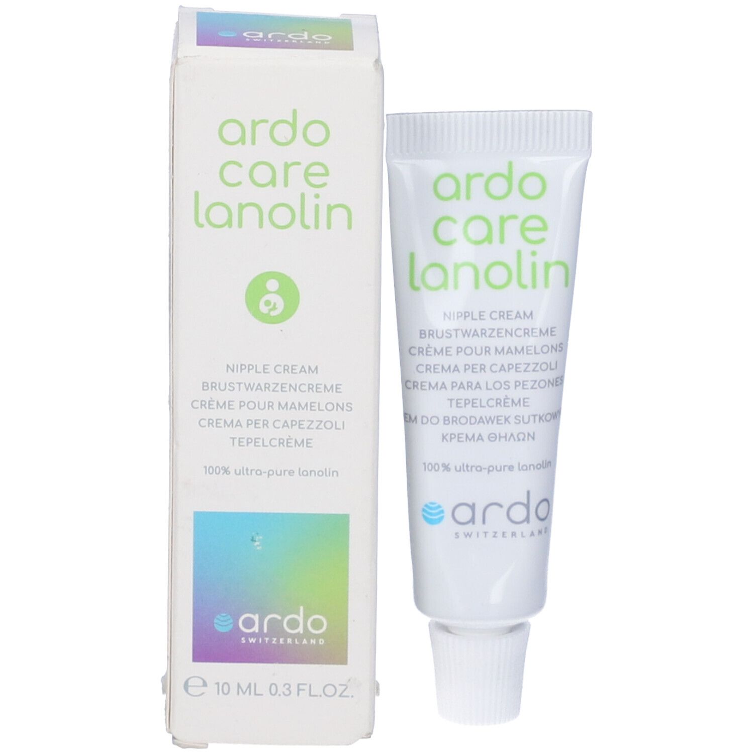 Confezione: tubo e scatola. Tubo: bianco, verde. Scatola: bianca, verde, viola. Testo: Ardo Care Lanolin, Crema per capezzoli.