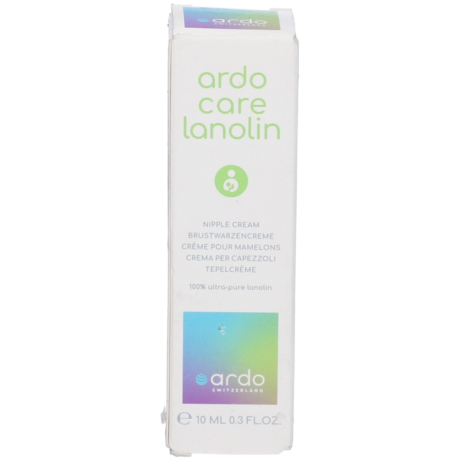 Scatola bianca con design verde, viola e blu. Testo: Ardo Care Lanolin, Crema per capezzoli. Logo: Ardo Switzerland.