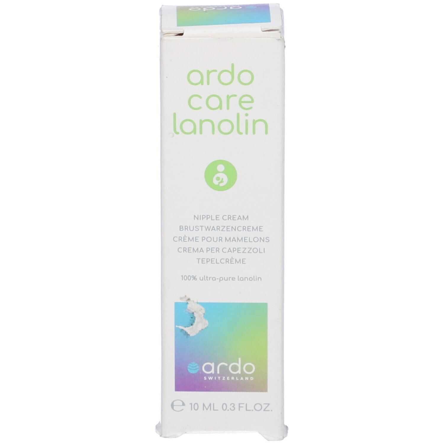 Scatola bianca, fronte. Testo: Ardo Care Lanolin, Crema per capezzoli. Logo: Ardo Switzerland. 10 ml 0.3 FL.OZ.