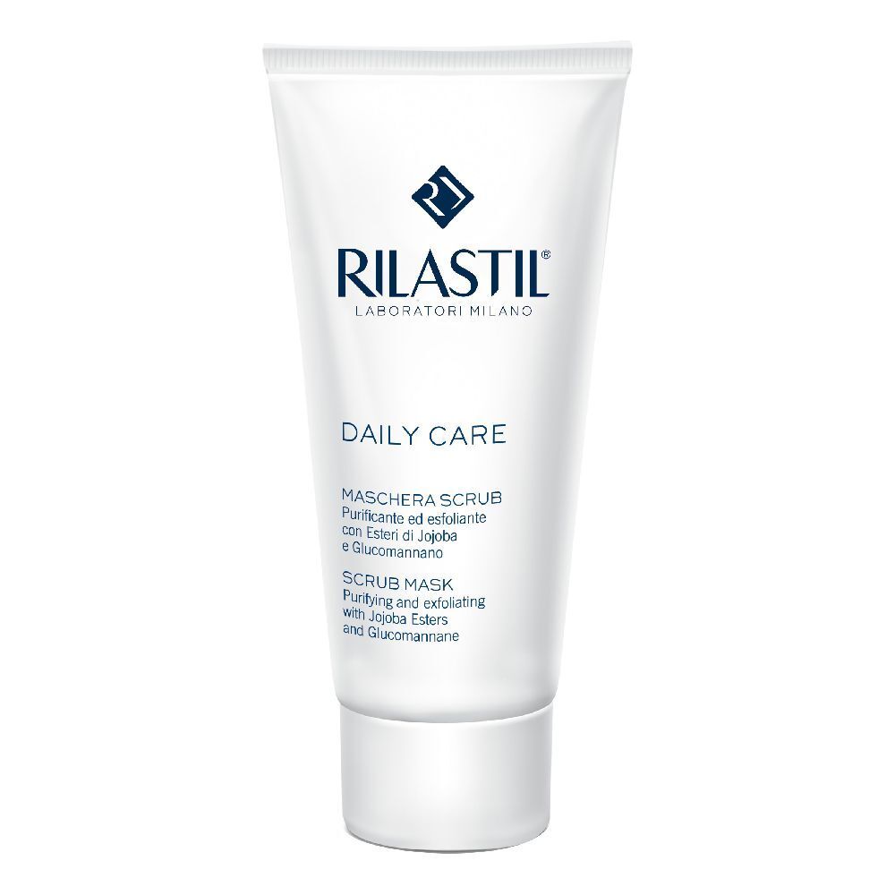Tubo bianco con logo Rilastil e scritta "DAILY CARE". Denominazione prodotto: "MASCHERA SCRUB".