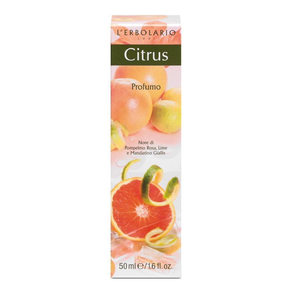 Confezione con immagine del prodotto. Scritta: Citrus Profumo. Contiene pompelmo, lime e mandarino. Volume: 50 ml.