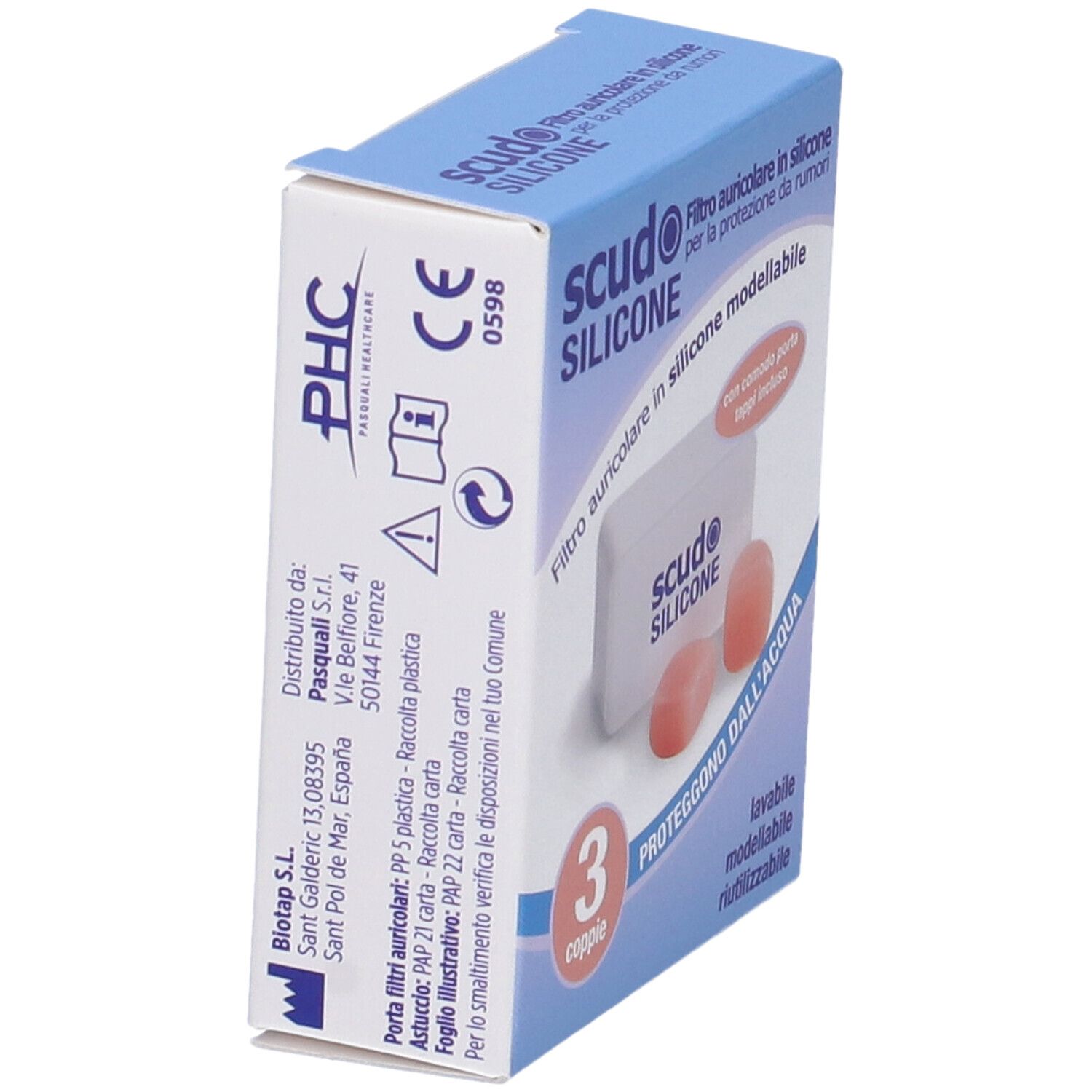 Verpackung mit Ohrstöpseln. Enthält 3 Paar rosa Ohrstöpsel. Text: Scudo Silicone, 3 coppie, Proteggono dall'acqua.