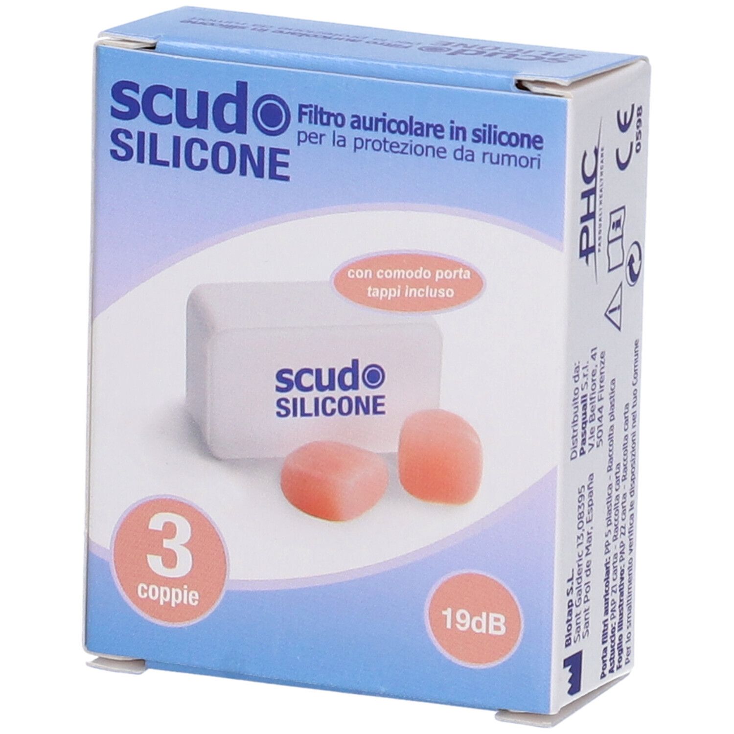 Ohrstöpsel-Set in Verpackung. Enthält 3 Paar rosa Ohrstöpsel und eine weiße Aufbewahrungsbox. Text: Scudo Silicone, 19dB.