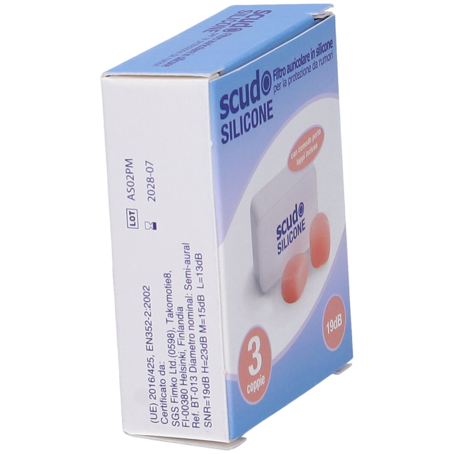 Verpackung mit Ohrstöpseln. Enthält 3 Paar rosa Ohrstöpsel. Text: Scudo Silicone, 19dB, 3 coppie.