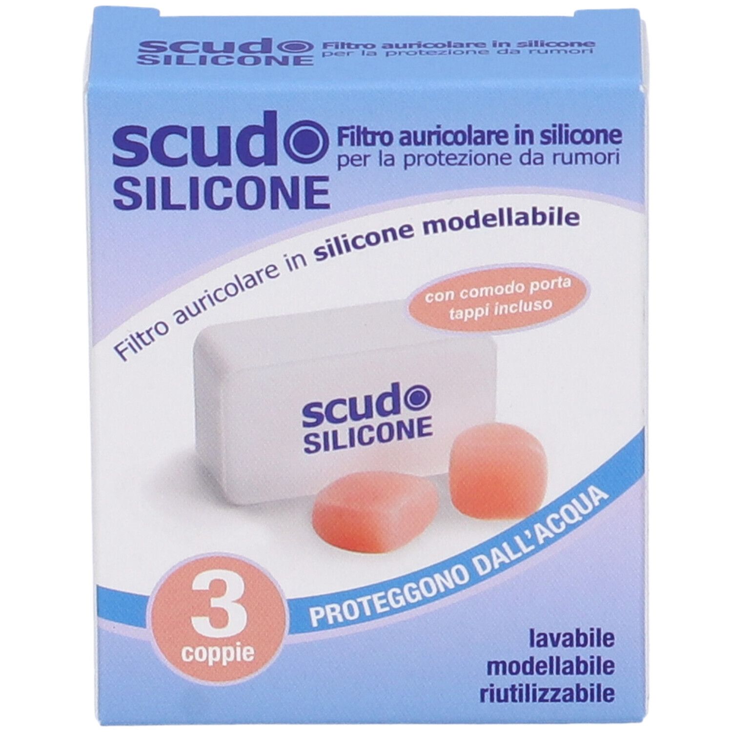 Ohrstöpsel-Set in Verpackung. Enthält 3 Paar rosa Ohrstöpsel und eine weiße Aufbewahrungsbox. Text: Scudo Silicone.