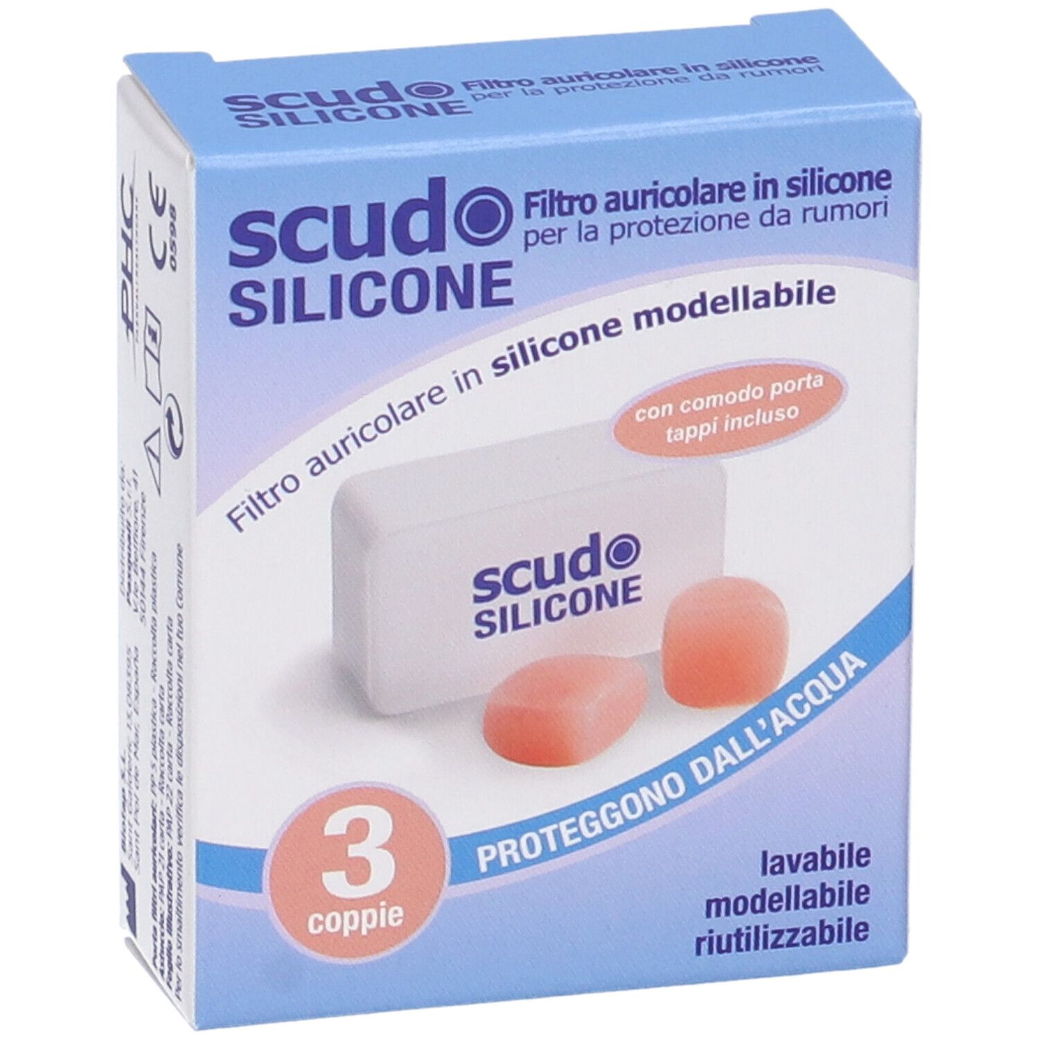 Ohrstöpsel-Set in Verpackung. Enthält 3 Paar rosa Ohrstöpsel und eine weiße Aufbewahrungsbox. Text: Scudo Silicone.