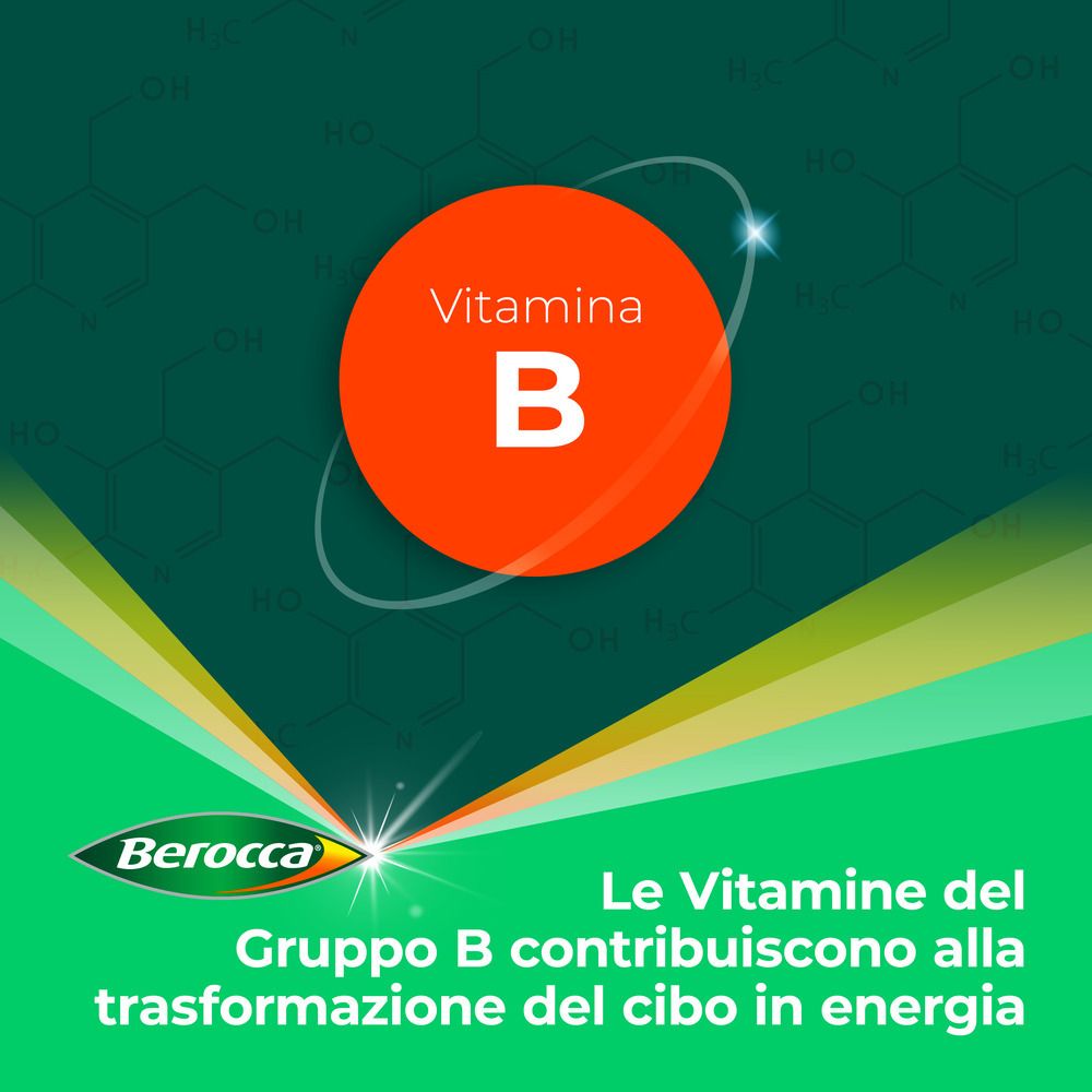 Runder, oranger Kreis mit Vitamin B. Berocca-Logo. Text: B-Vitamine tragen zur Energieumwandlung bei.