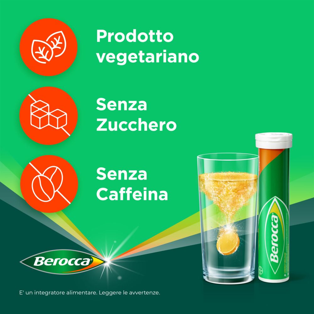 Berocca-Produkt mit Glas und Tablette. Produkt vegetarisch, zuckerfrei, koffeinfrei.