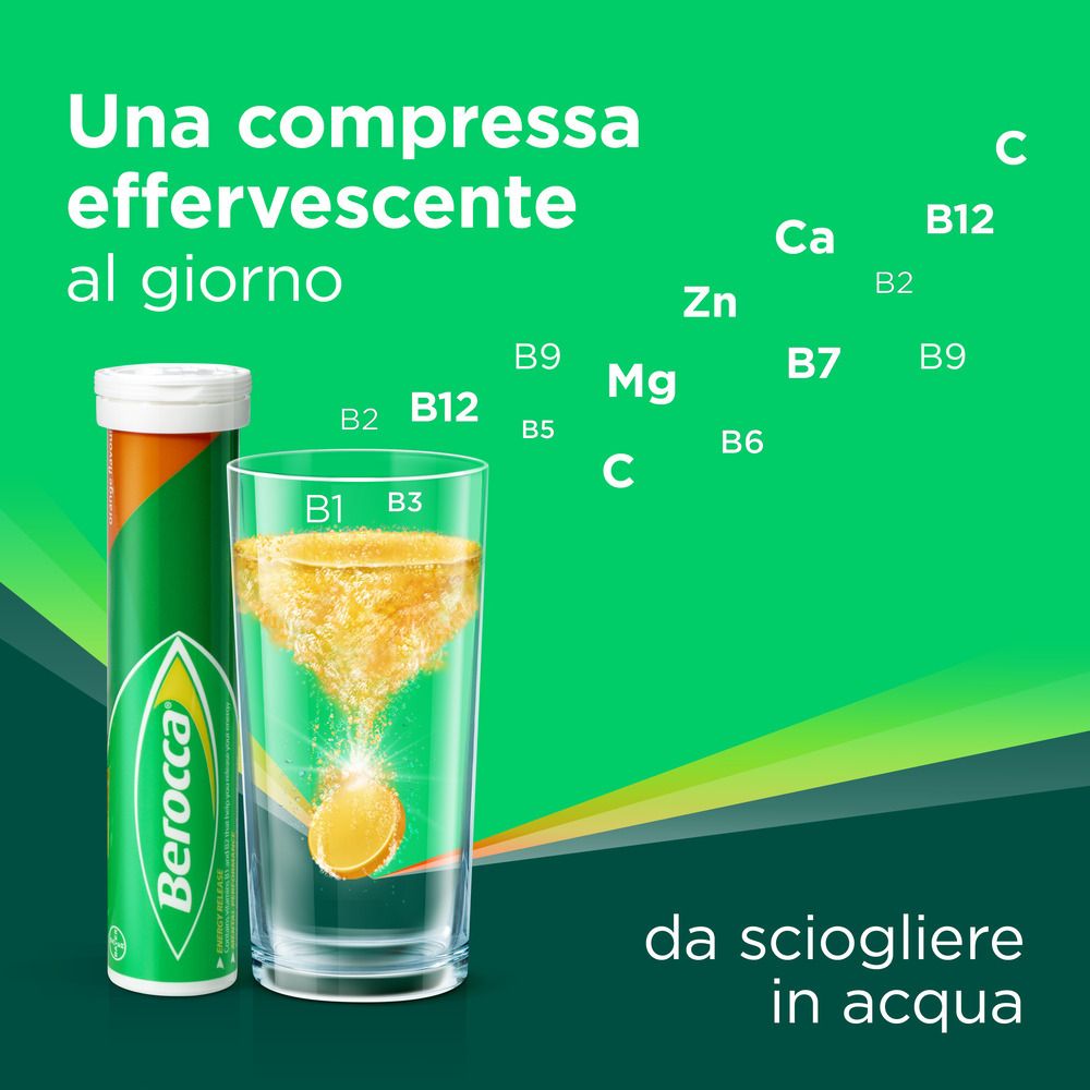 Berocca-Produkt mit Glas und Tablette. Vitamine B1, B2, B3, B5, B6, B9, B12, C, Mg, Zn, Ca.