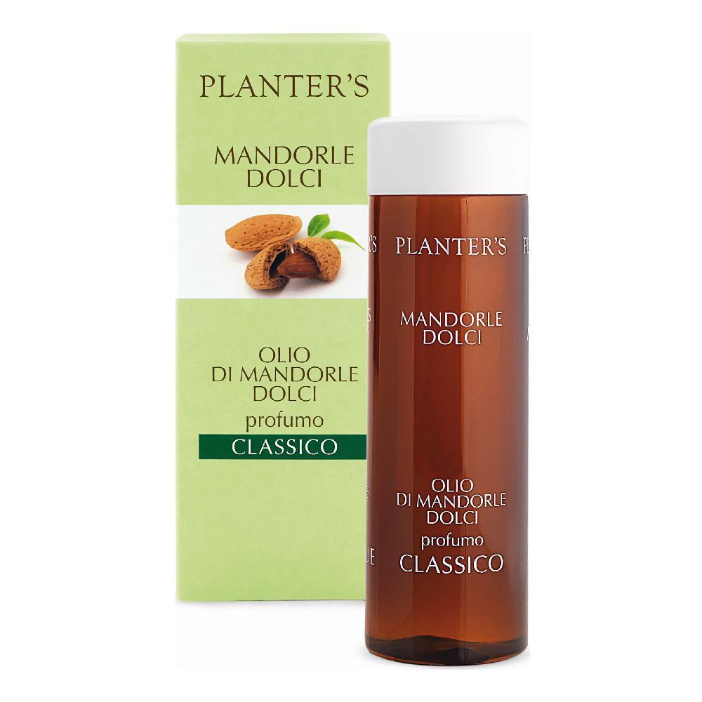 Flacone marrone con tappo bianco e confezione verde. Scritte: PLANTER'S, MANDORLE DOLCI, OLIO DI MANDORLE DOLCI, CLASSICO.