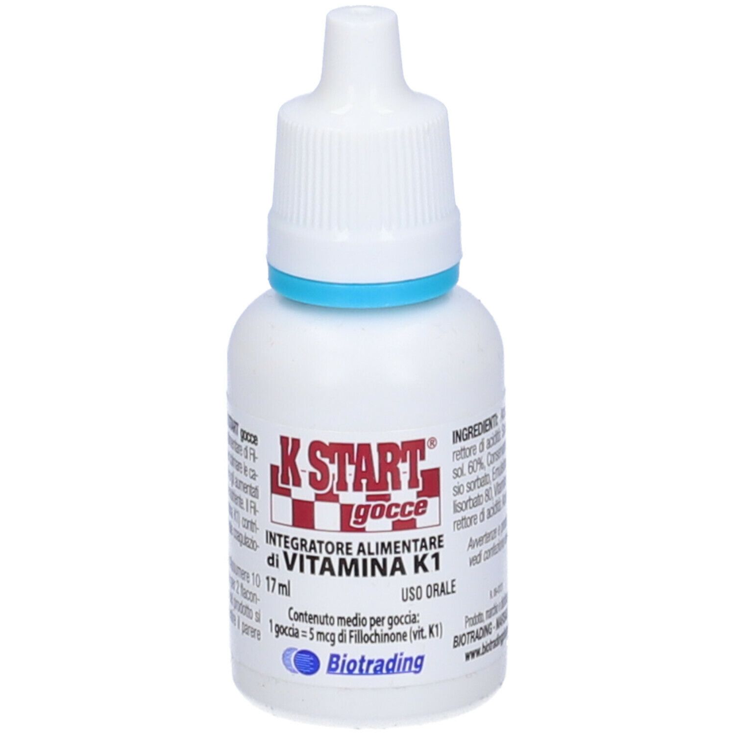 Flacone contagocce bianco con anello blu. Scritta K Start gocce, Integratore alimentare di Vitamina K1. 17 ml.