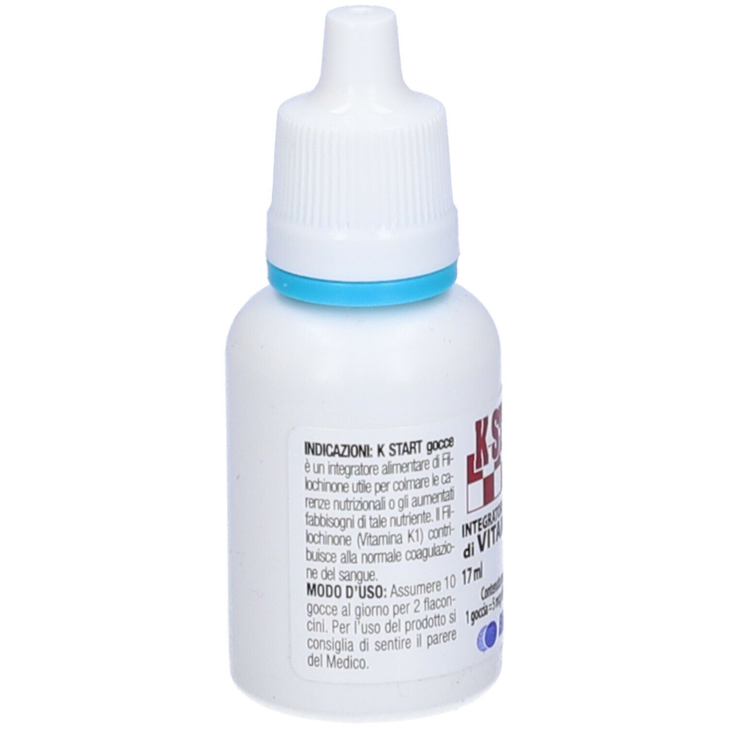 Flacone contagocce bianco con anello blu. Scritta K Start gocce, Integratore alimentare di Vitamina K1. 17 ml. Retro.