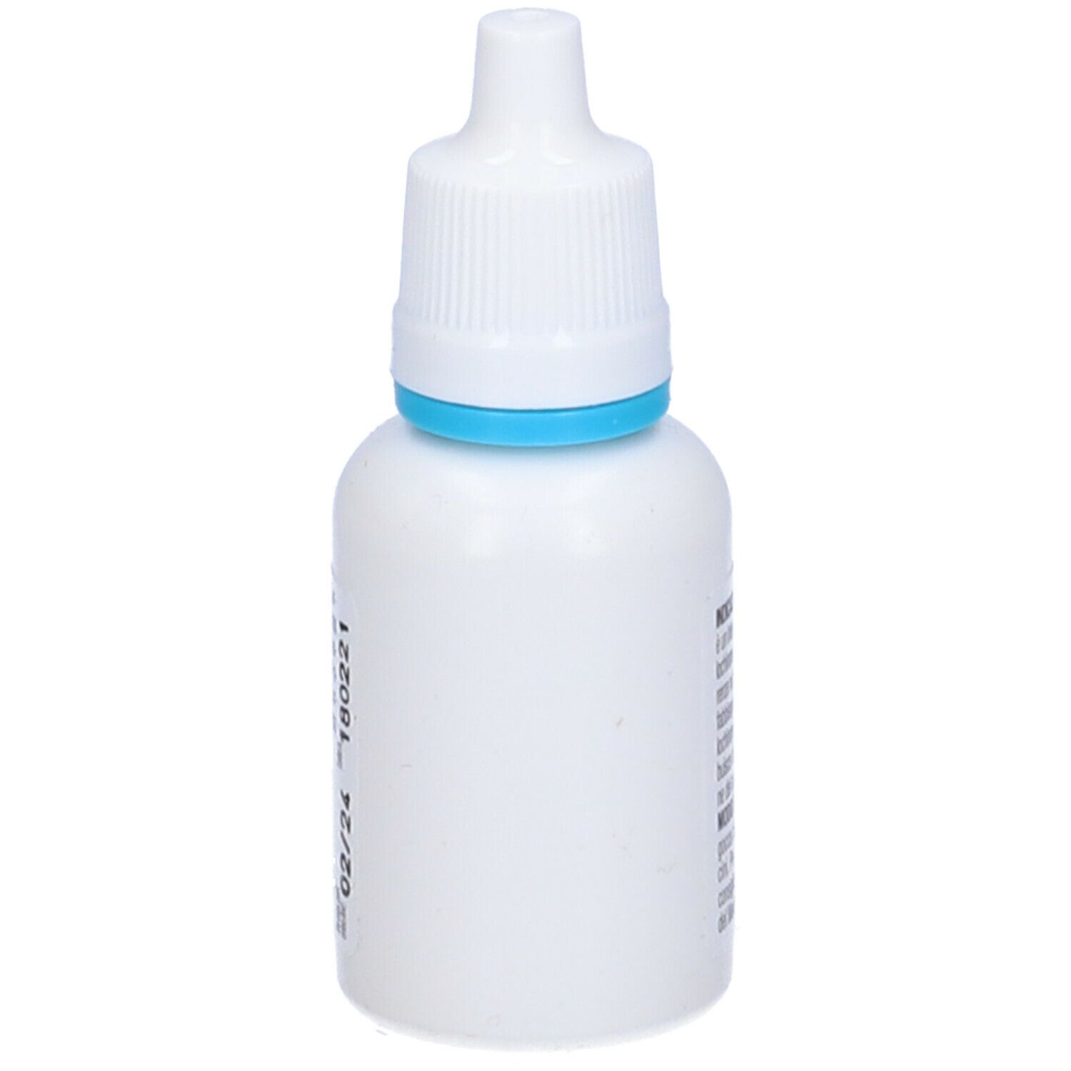 Flacone contagocce bianco con anello blu. Retro con testo e data 02/24.