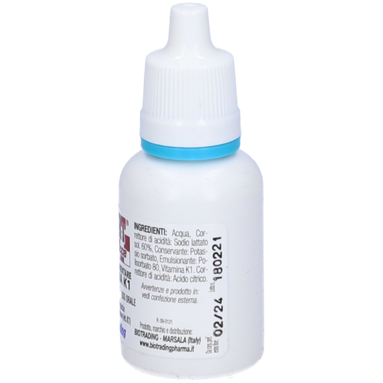 Flacone contagocce bianco con anello blu. Retro con ingredienti e data 02/24.