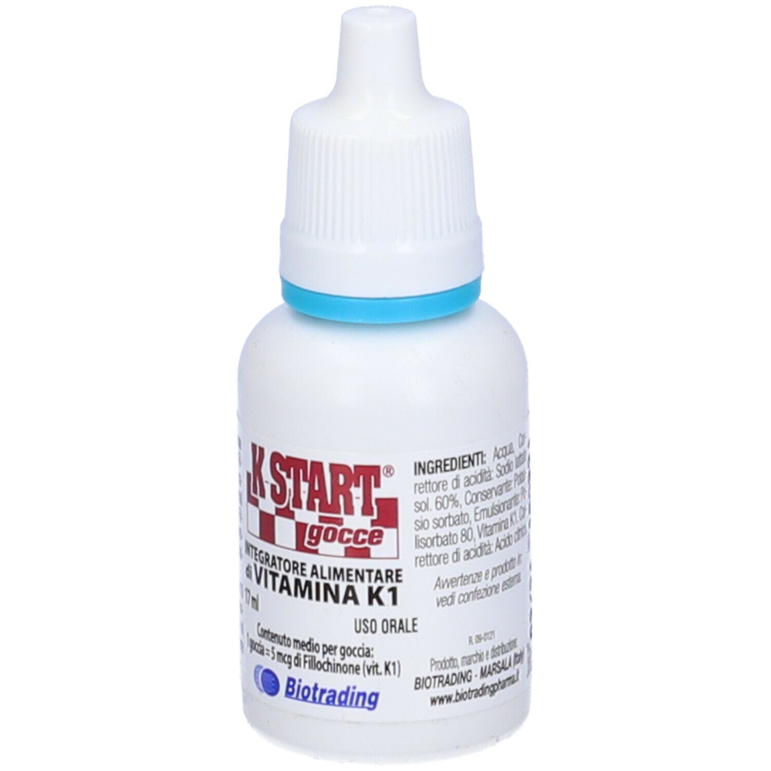 Flacone contagocce bianco con anello blu. Scritta K Start gocce, Integratore alimentare di Vitamina K1. 17 ml.