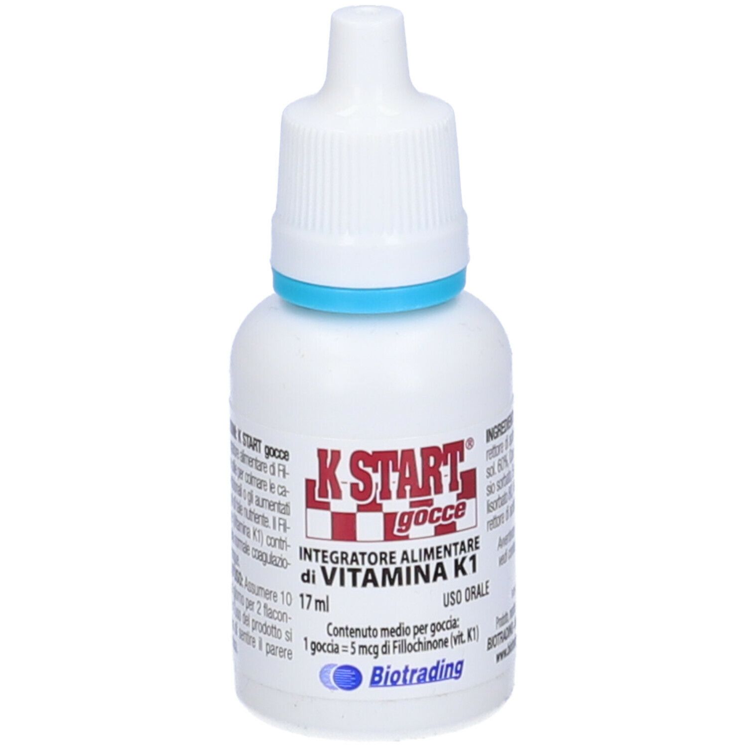 Flacone contagocce bianco con anello blu. Scritta K Start gocce, Integratore alimentare di Vitamina K1. 17 ml.