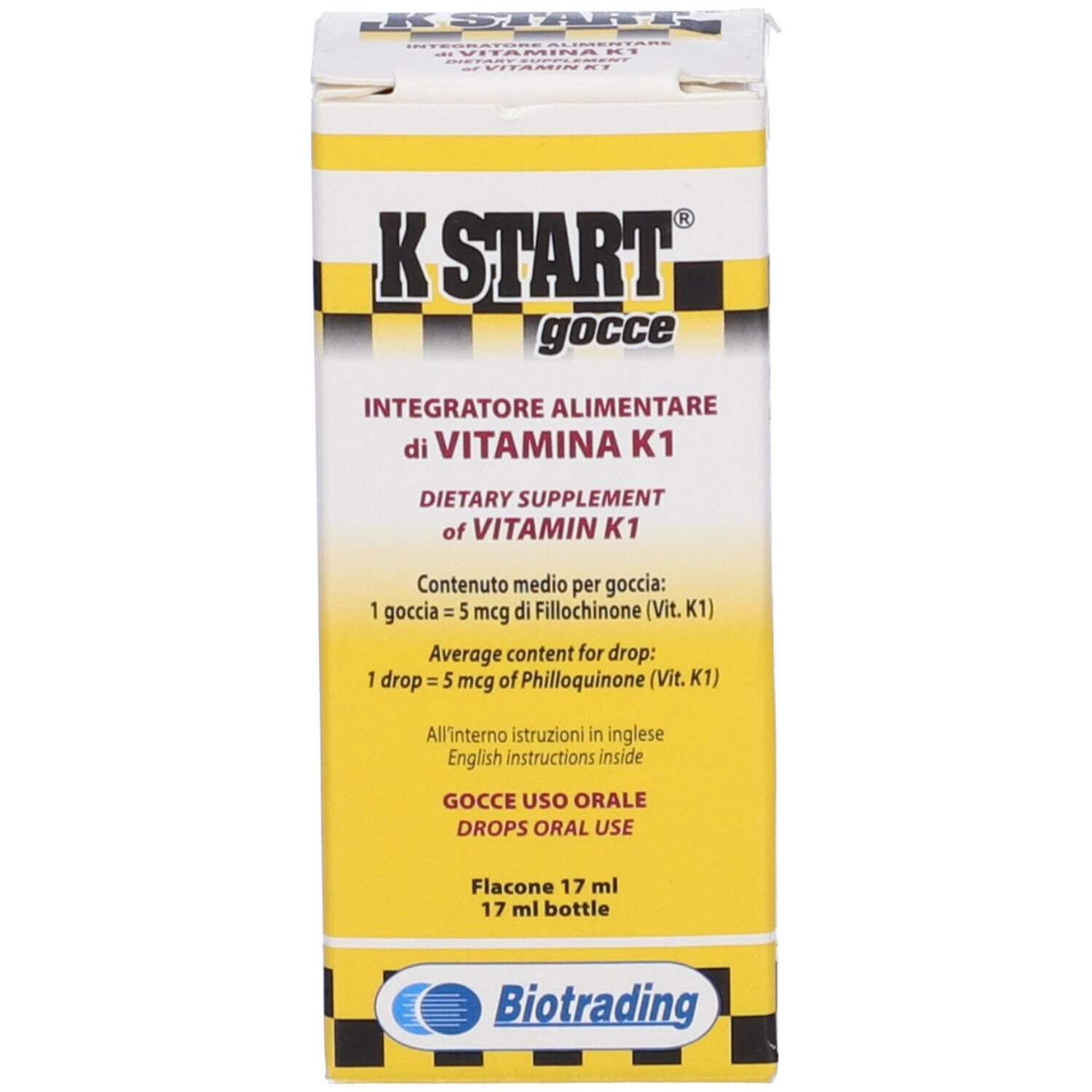 Scatola gialla con K Start gocce. Scritta Integratore alimentare di Vitamina K1. Flacone 17 ml.