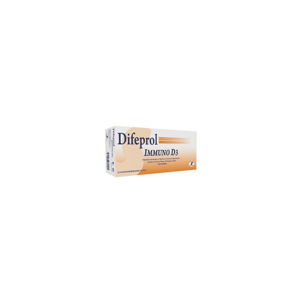 Scatola di Difeprol Immuno D3. Bianca con accento arancione. Nome del prodotto e logo ben visibili.