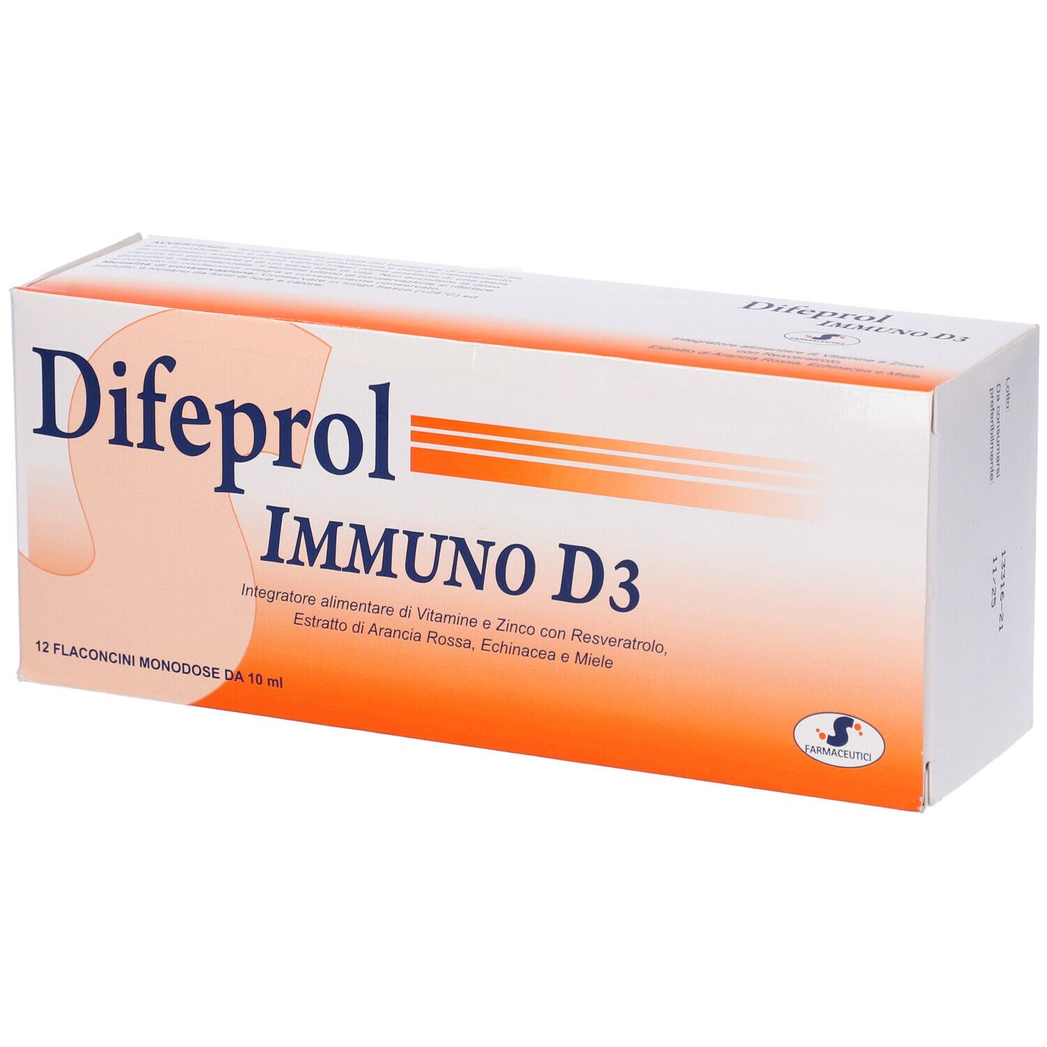 Confezione Difeprol Immuno D3. Bianca e arancione. Nome prodotto e '12 Flaconcini' ben visibili.