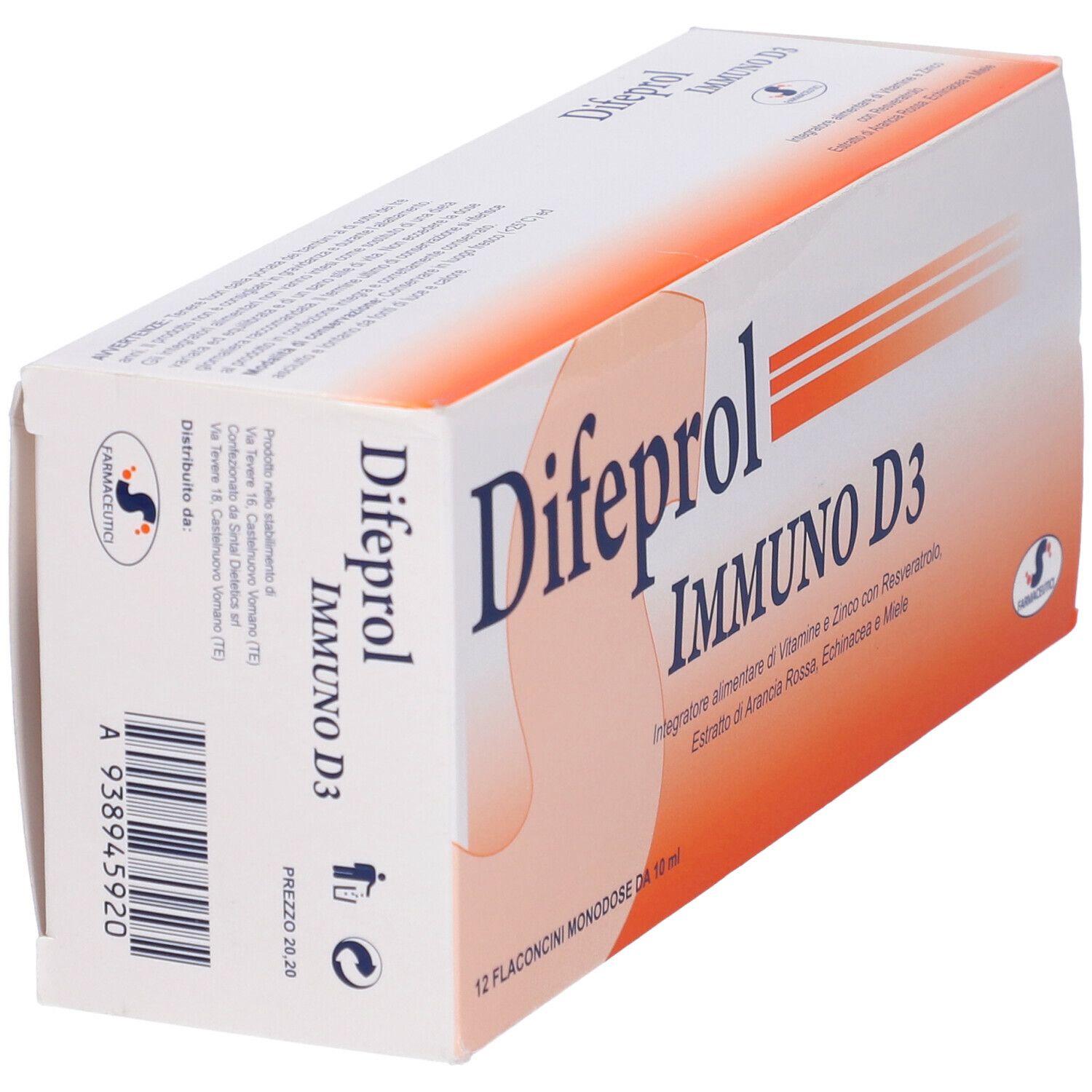 Confezione angolata di Difeprol Immuno D3. Bianca e arancione. Nome prodotto e logo visibili.