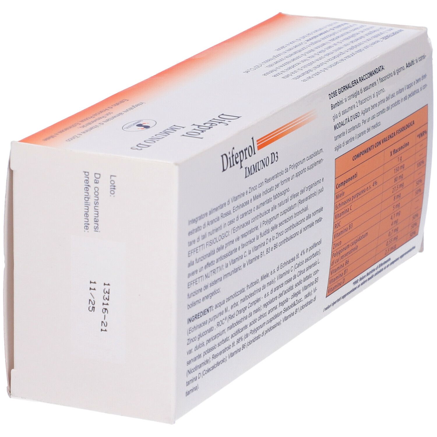 Retro della confezione Difeprol Immuno D3. Testo e data di scadenza. Sfondo arancione.
